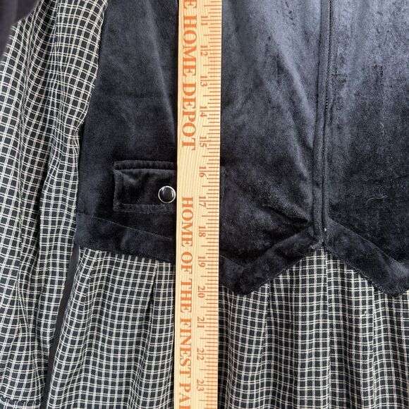 Vtg Shirt Dress Petite Large Black Tan Velvet Vest Grunge Cottage Modest 80s 90s - Picture 11 of 14